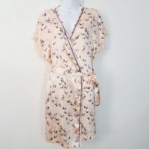 Morgan Taylor Satin Blush Butterfly Print Lace Trim Wrap‎ Dress / Robe Size M